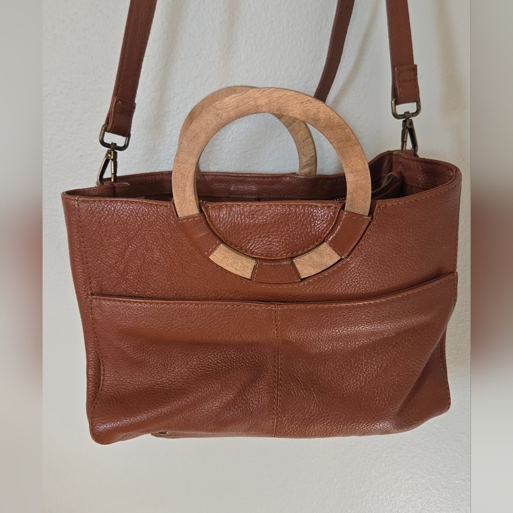 Rachel Roy Brown leather bag with wooden handles *One Handle Is Broken! - Picture 3 of 7